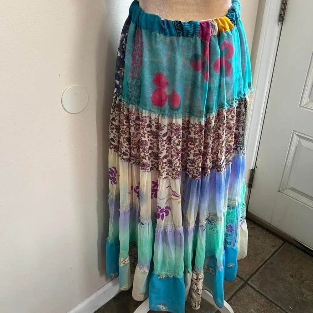 Bambu‎ Womens Teal Purple Patchwork Tiered Boho Maxi Skirt Small